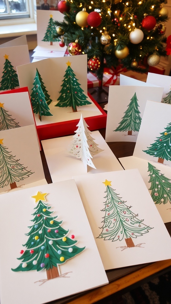 Creative Christmas Tree Card Ideas A display of creative Christmas cards with different tree designs on a festive table.